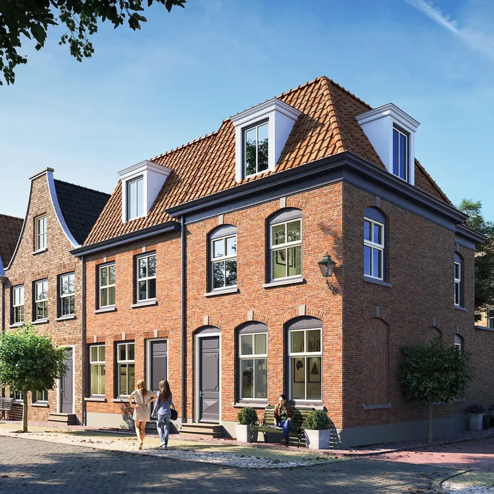 3D visualisatie nieuwbouw projectontwikkeling Stadsvilla met rode baksteen - Het Hart van Naarden