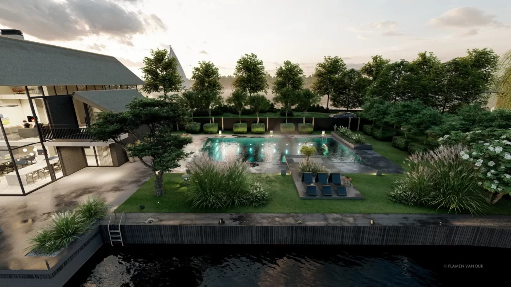 3d impressie grote tuin met natuur zwembad en veel groen aan Loosdrechtse Plassen