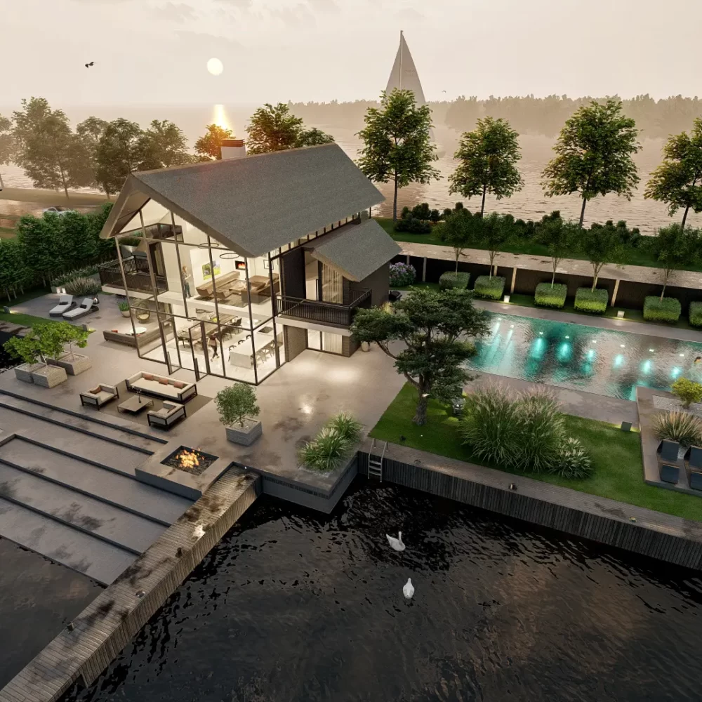 3d birdview watervilla met grote tuin en zwembad en veel groen aan Loosdrechtse Plassen