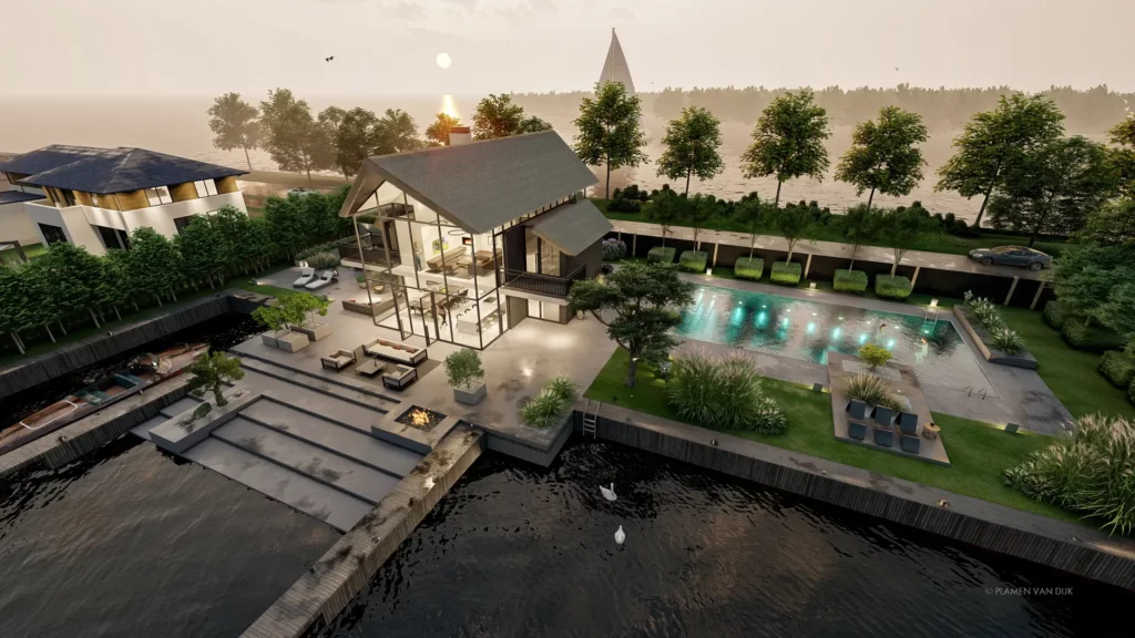 3d birdview watervilla met grote tuin en zwembad en veel groen aan Loosdrechtse Plassen