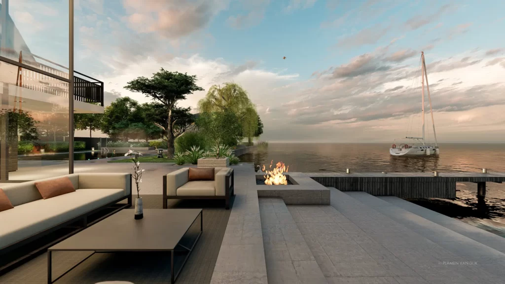 3d impressie watervilla met loungebanken en stenen trap aan Loosdrechtse Plassen