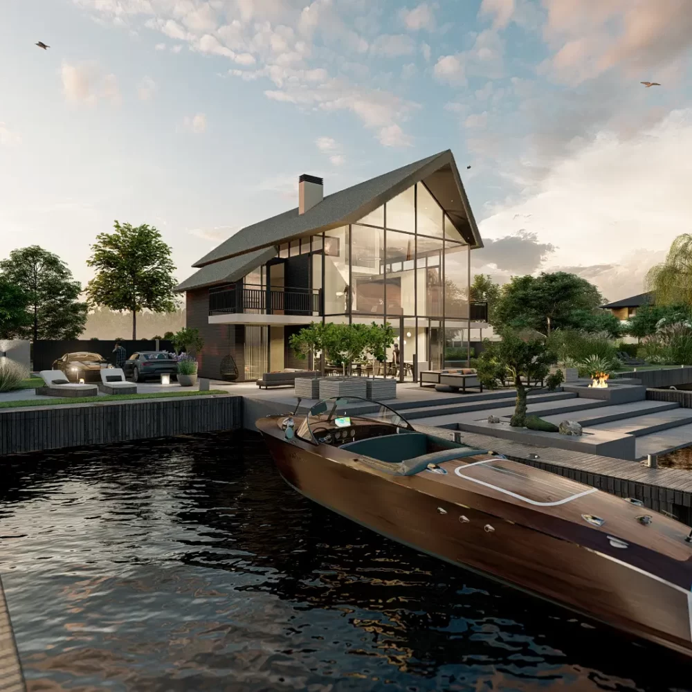3d impressie ontwerp watervilla met grote tuin en zwembad en veel groen aan Loosdrechtse Plassen