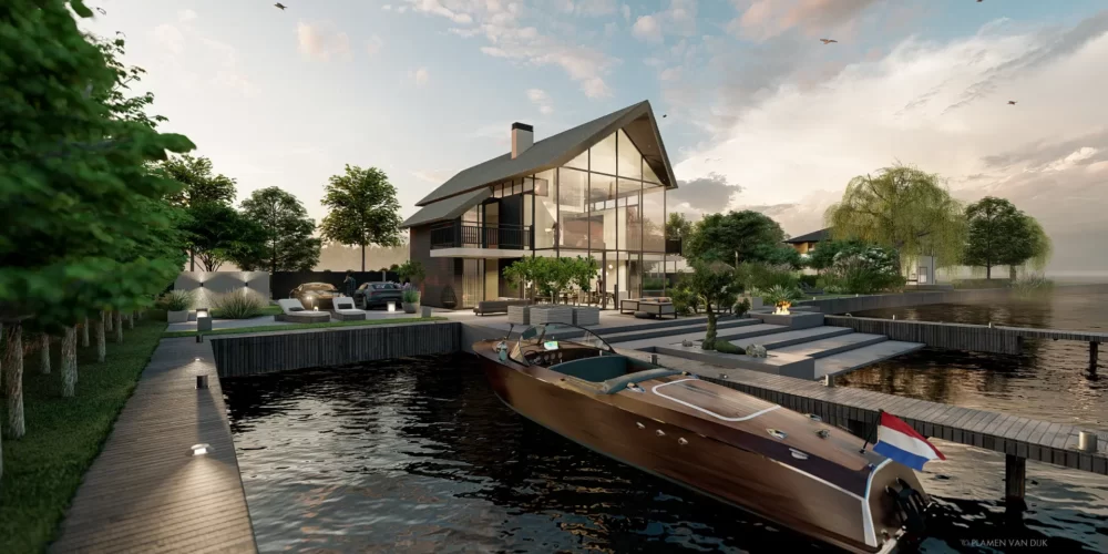 3d impressie ontwerp watervilla met grote tuin en zwembad en veel groen aan Loosdrechtse Plassen