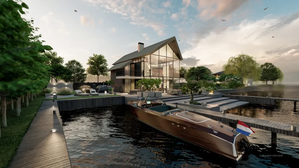 3d impressie ontwerp watervilla met grote tuin en zwembad en veel groen aan Loosdrechtse Plassen