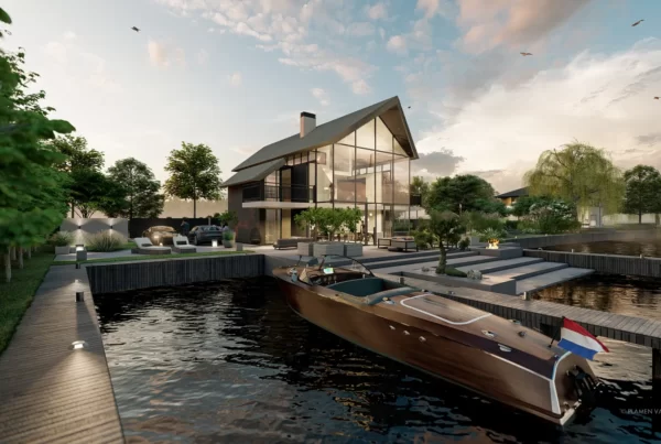 3d impressie ontwerp watervilla met grote tuin en zwembad en veel groen aan Loosdrechtse Plassen
