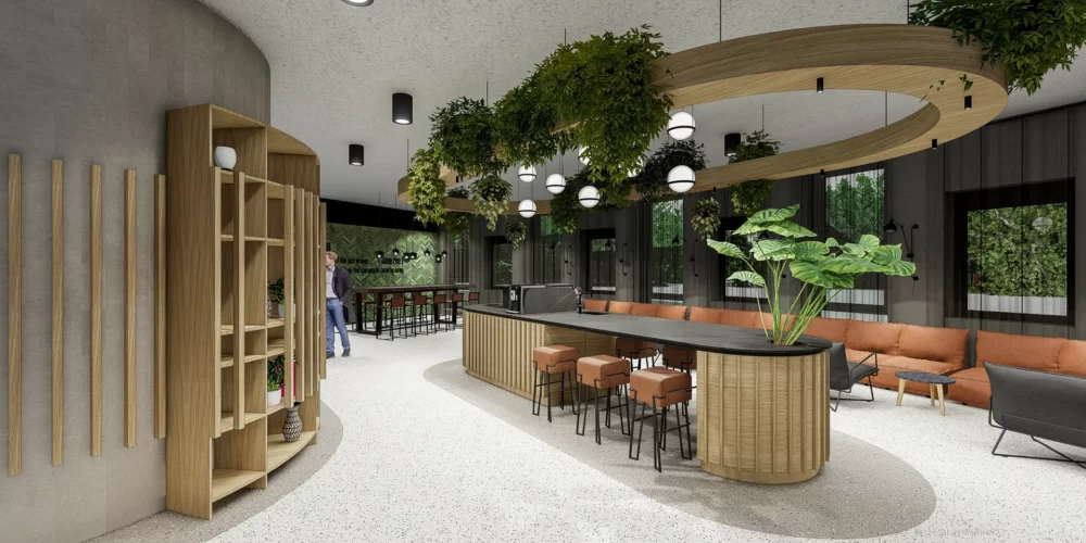 Ontwerp koffiebar met dekton werkblad en vibia verlichtingsarmaturen samen met loungestoelen