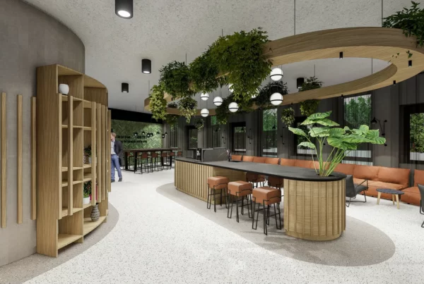 Ontwerp koffiebar met dekton werkblad en vibia verlichtingsarmaturen samen met loungestoelen