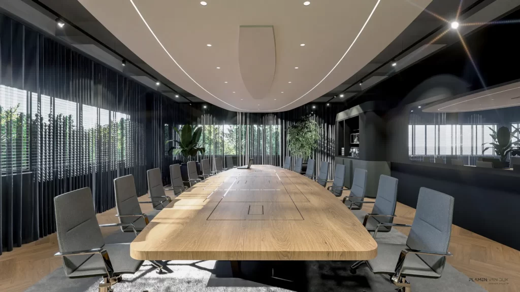 Boardroom met massief eikenhouten tafel en luxe vergaderstoelen