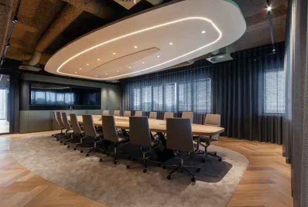 Kantoorinterieur boardroom Interstellar Group Delft met maatwerk vergadertafel