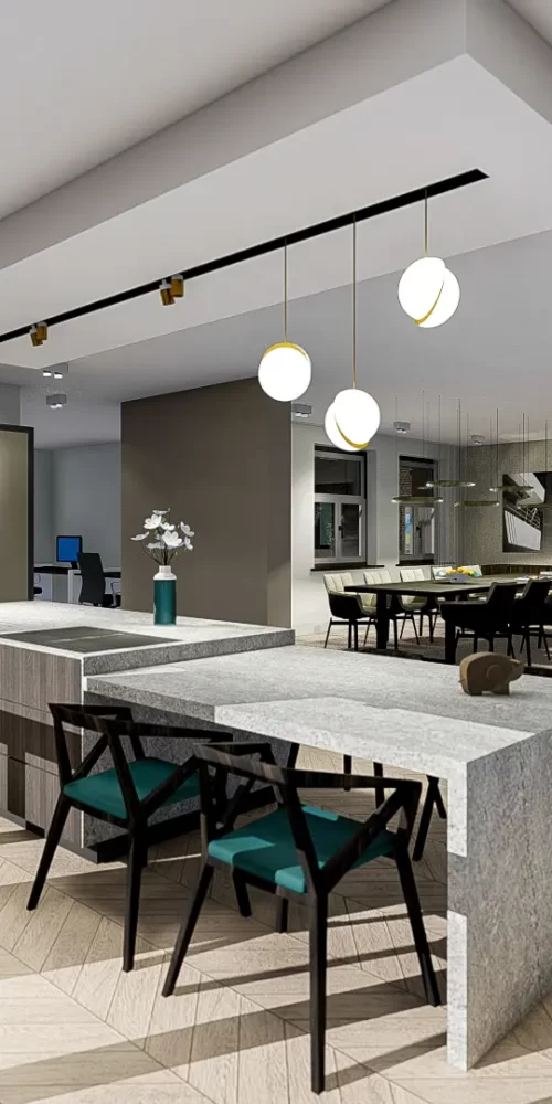 3D rendering van kookeiland met woonkamer in hart van Naarden