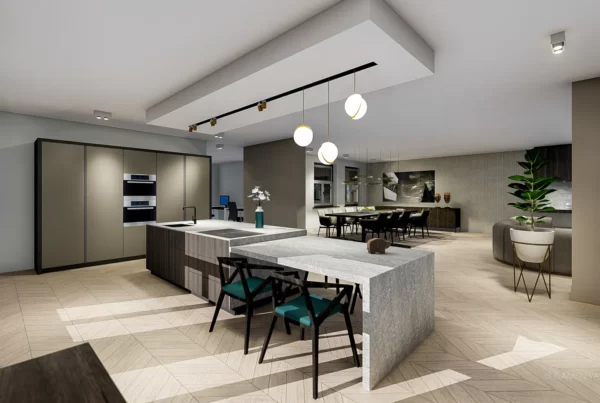 3D rendering van kookeiland met woonkamer in hart van Naarden