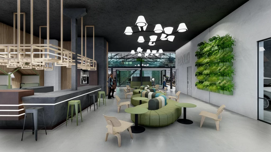 interieurontwerp entreegebied met loungeplekken en green wall - meeuwenlaan-amsterdam