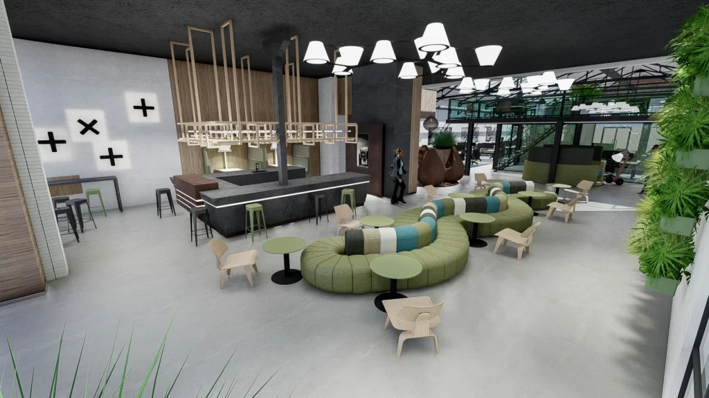 interieurontwerp topview entreegebied met loungeplekken en green wall - meeuwenlaan-amsterdam