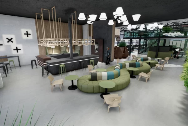 interieurontwerp topview entreegebied met loungeplekken en green wall - meeuwenlaan-amsterdam