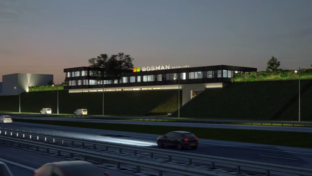 aanzicht van ontwerp nieuwbouw kantoor Bosman Bedrijven