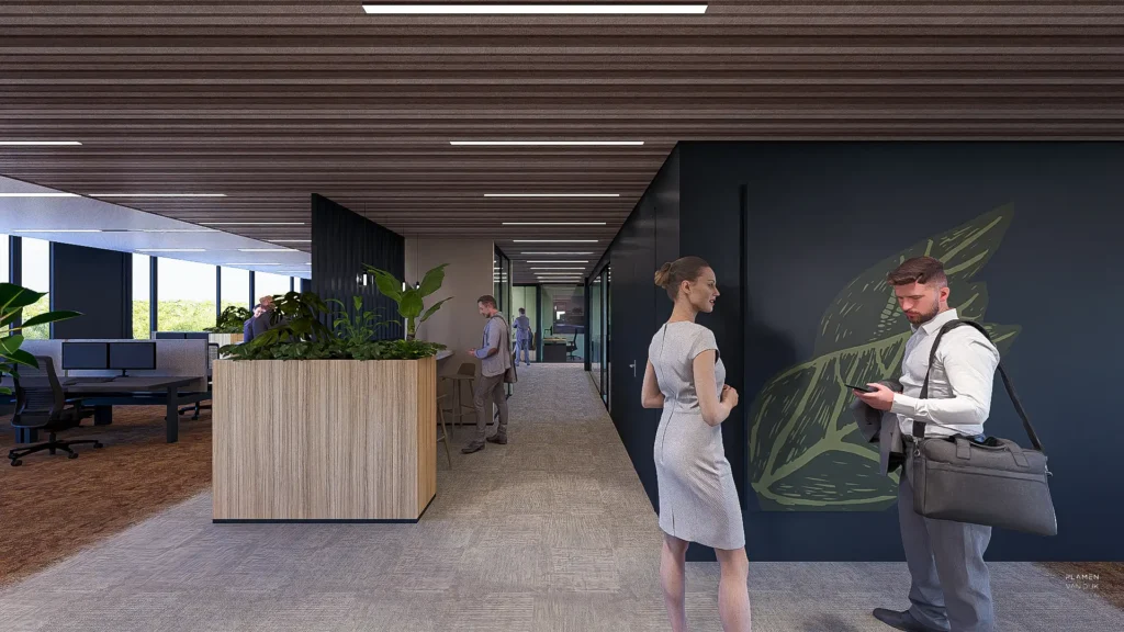 Plamen van Dijk | Design Studio - interieurontwerp werkomgeving, loopzone onder akoestisch plafond