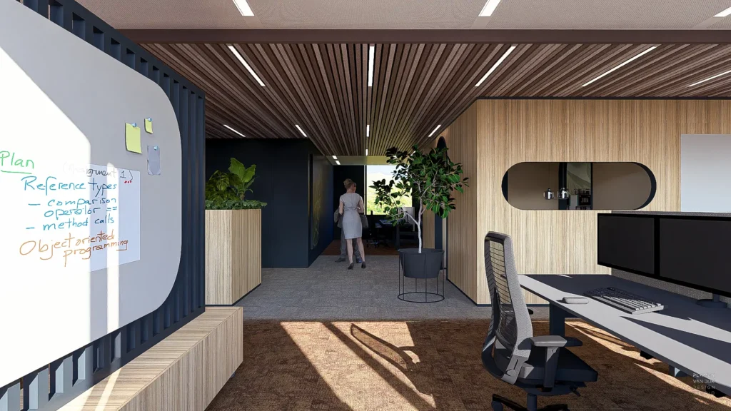 Plamen van Dijk | Design Studio - rendering van doorkijk op werkverdieping