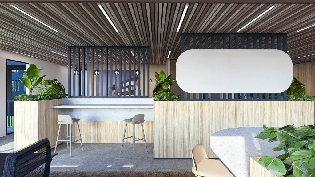 Plamen van Dijk | Design Studio - interieurontwerp werkruimte met akoestisch plafond boven flexwerkplek met whiteboard