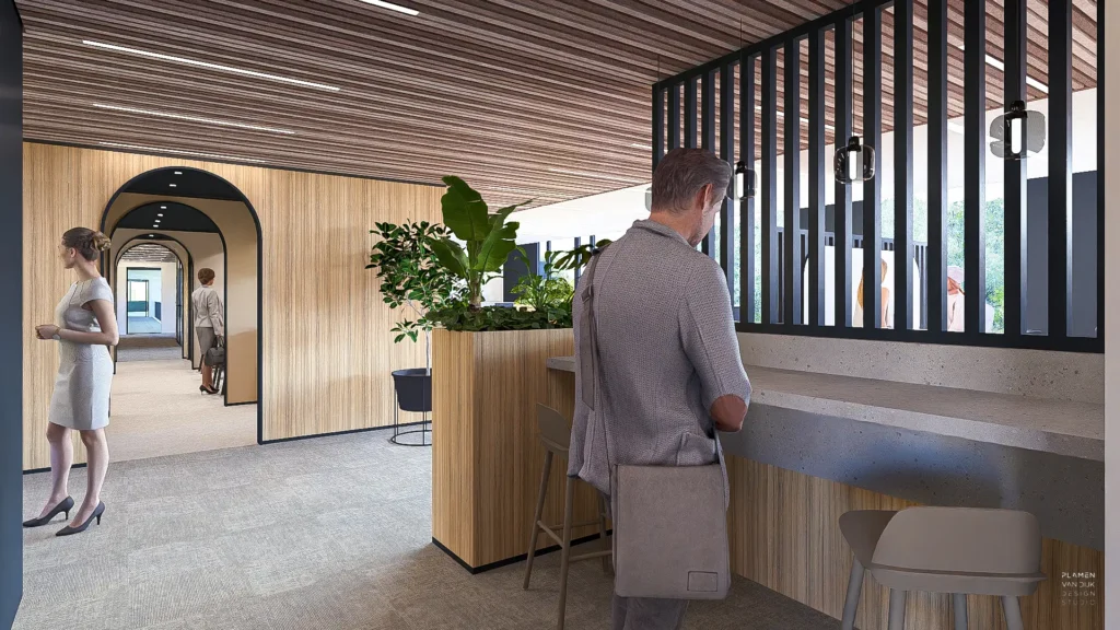 Plamen van Dijk | Design Studio - interieurontwerp gangzone met overlegplekken en ronde deuropeningen