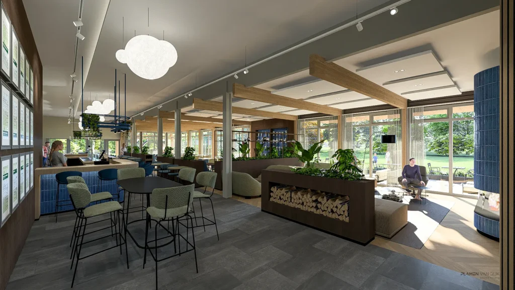 Plamen van Dijk | Design Studio - 3d overzichtsbeeld interieurontwerp van restaurant met bar in clubhuis