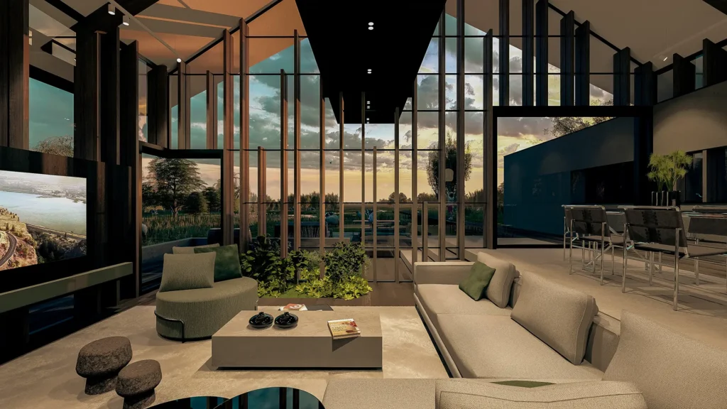 Plamen van Dijk | Design Studio - 3d impressie woonkamer tijdens zonsondergang