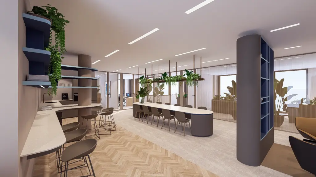 3d impressie van kantoorontwerp voor deustsche hypo in amsterdam