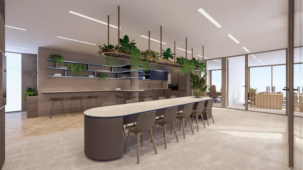 3d impressie van kantoorontwerp voor deustsche hypo met lunch en vegadertafel in amsterdam