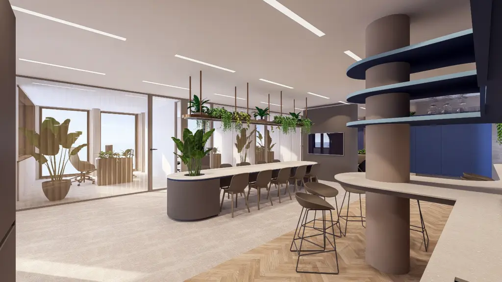 3d impressie van open ruimte in kantoorontwerp amsterdam