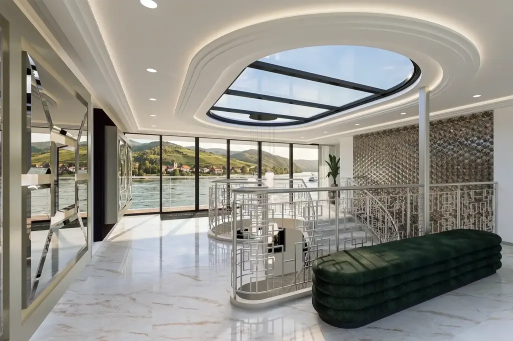 Conceptstudie voor de hospitality lobby van een riviercruiseschip met panoramische ramen, een open trappenhuis, maatwerkbalustrades en geïntegreerde verlichting.