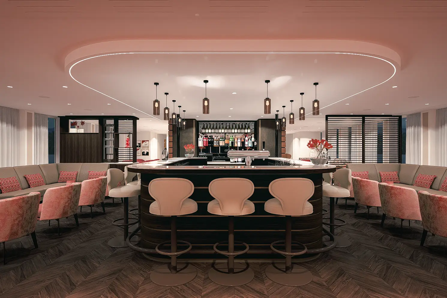 3D visual in avond setting met sfeervol verlichte hospitality lounge en bar van riviercruiseschip AmaSofia