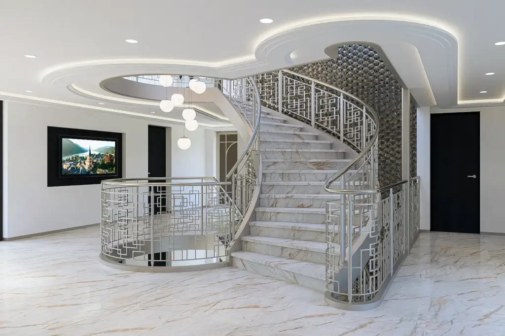 3D-visualisatie conceptontwerp met frontaal aanzicht van centrale trap met natuursteen bekleed, geometrische balustrades, indirecte verlichting en een sculpturale lichtcompositie in de lobby van riviercruiseschip Excellence Crown.