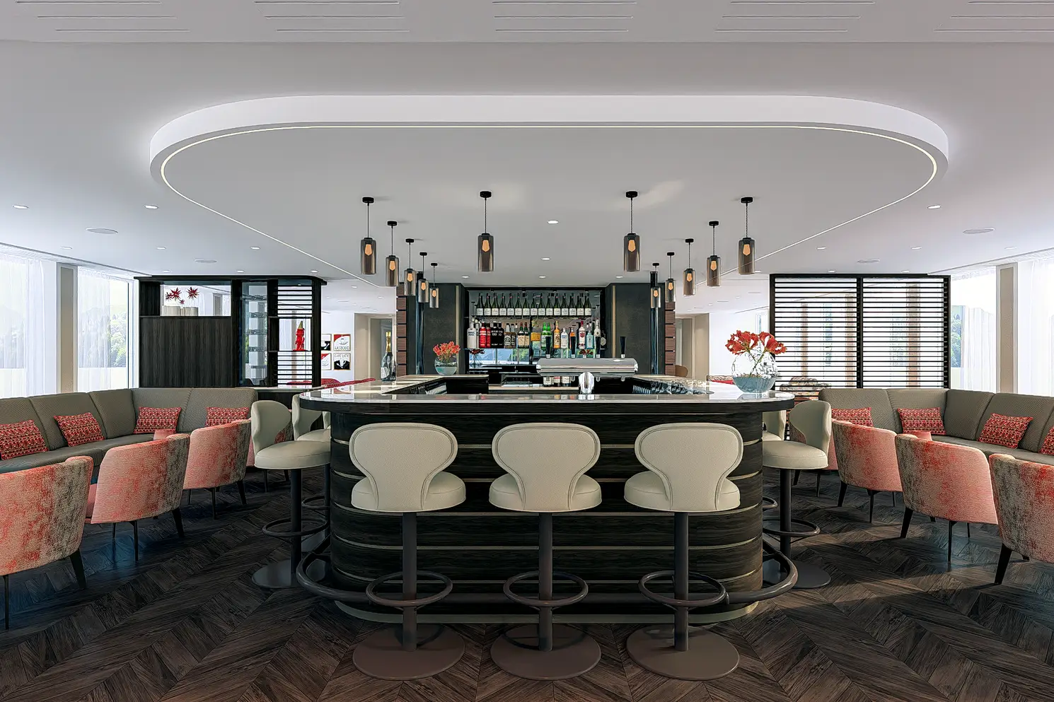 3D visual in dagsetting met centrale bar, zitbanken en hospitality verblijfsplekken in de lounge van riviercruiseschip AmaSofia