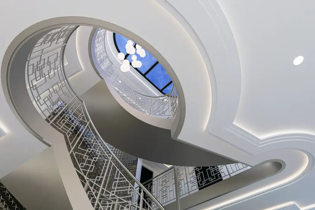 3D visualisatie van trappenhuis ontwerp in cruise schip, kijkend omhoog in de vide met daglicht