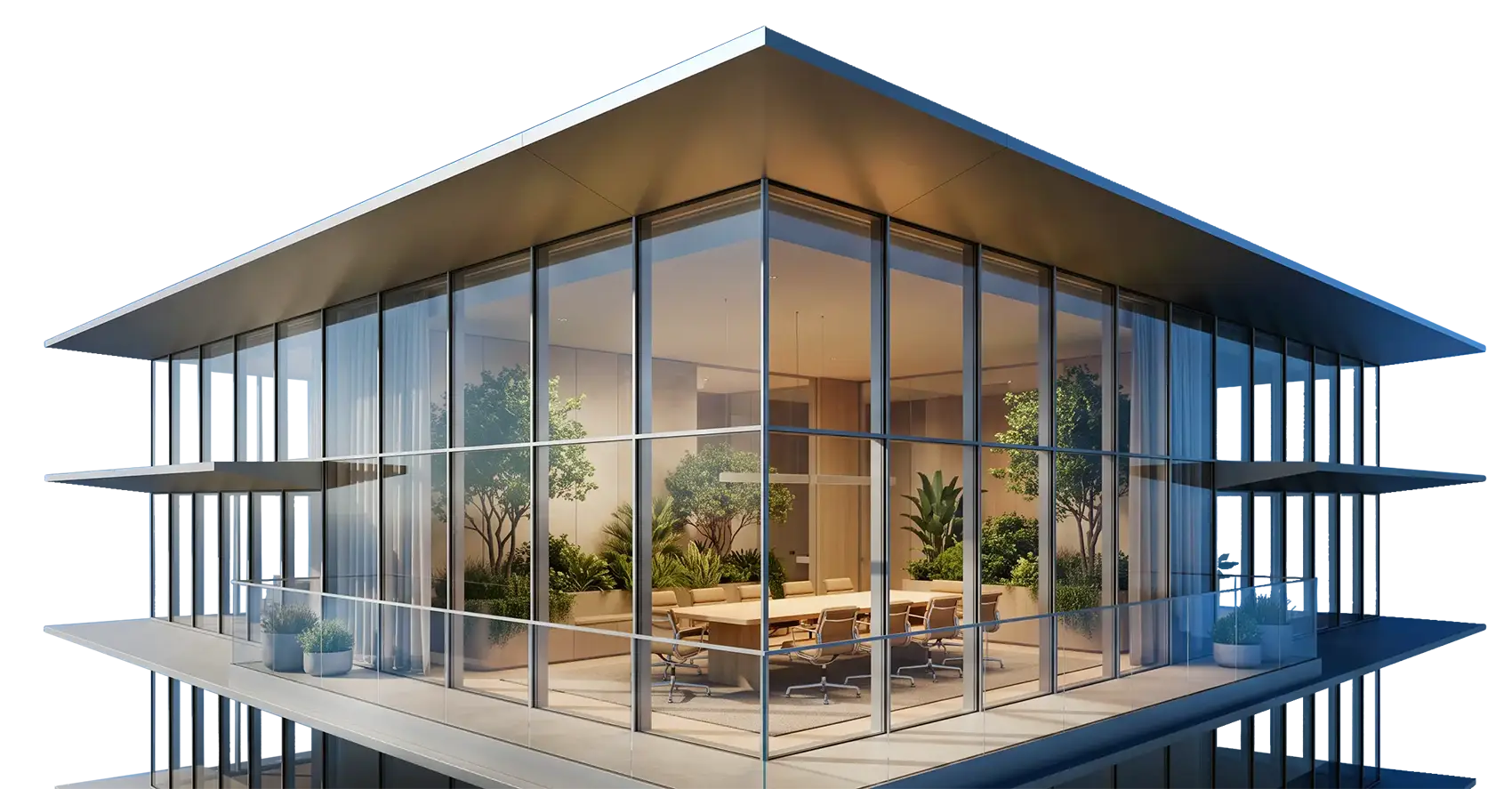 Glazen boardroom op de bovenste verdieping van een modern kantoorgebouw