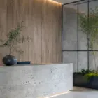 Minimalistisch interieur met natuurstenen balie, houten wand en subtiele indirecte verlichting