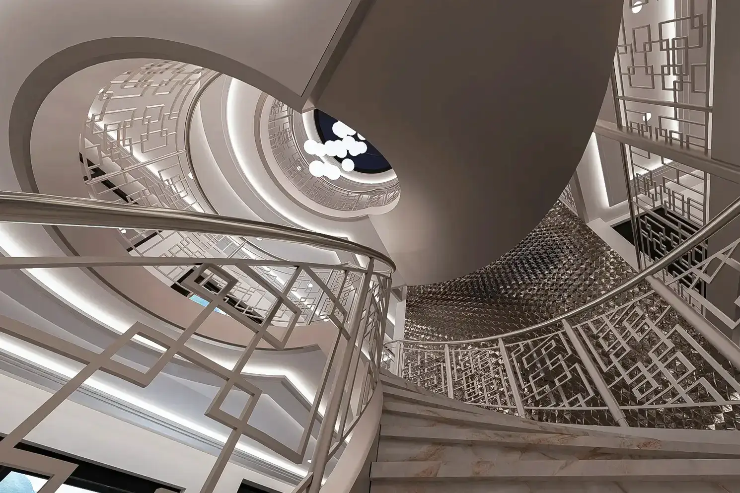 3D-interieurconcept van monumentaal trappenhuis voor een riviercruiseschip